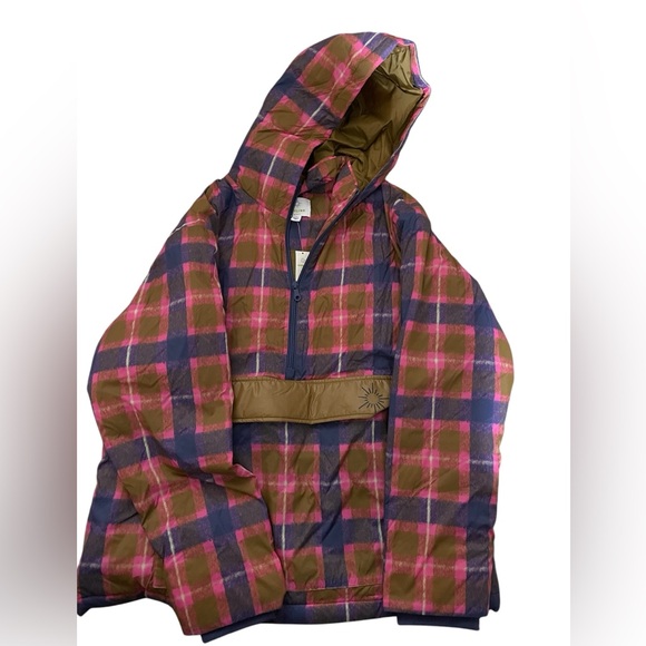 Offline By Aerie PullOn Puffer Jacket Qtr Zip Hood Pocket Pink/Blue Plaid L NWT - Picture 2 of 6